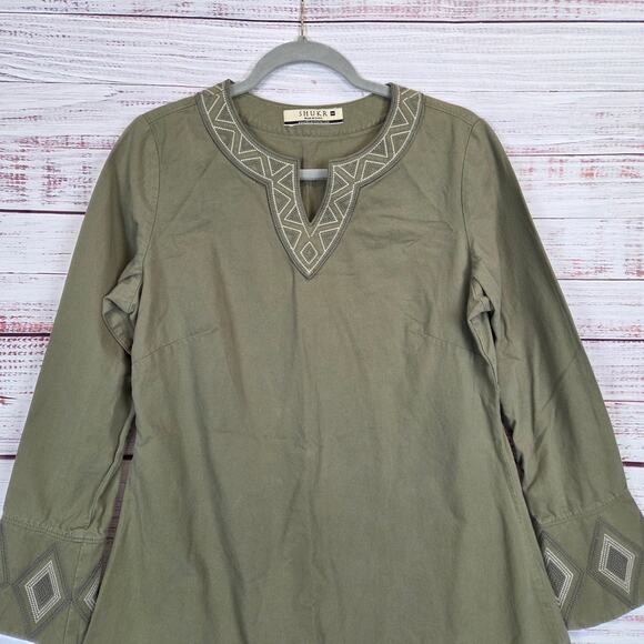 Shukr Tunic Shirt Womens M Olive Green Embroidered Long Sleeve Modest Cotton Top - Picture 4 of 14